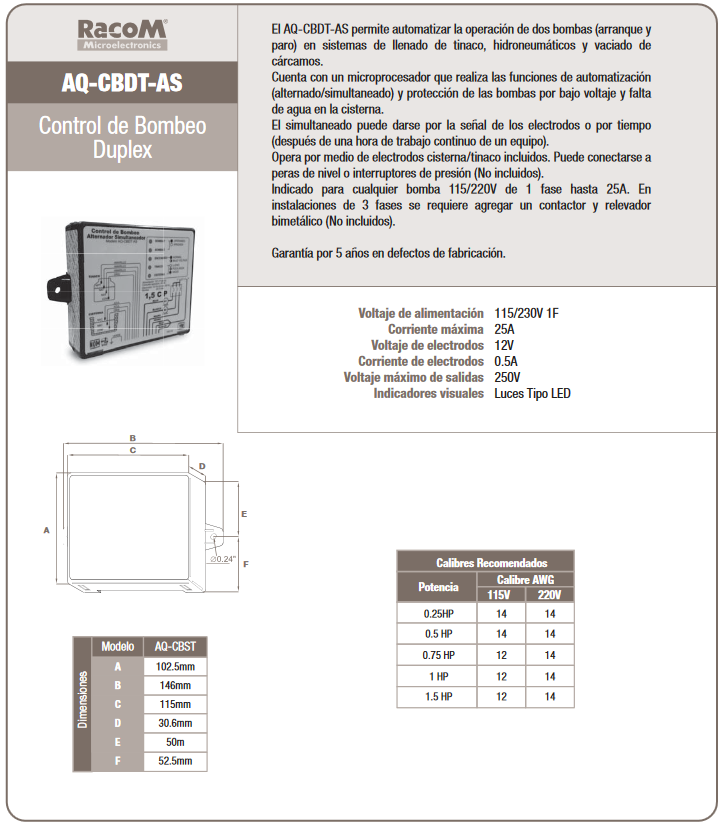 CONTROL DE BOMBEO SIMPLEX Y DUPLEX SERIE AQ-CBST Y AQ-CBDT-AS-MARCA RACOM –  WaterZone Tu mejor opcion